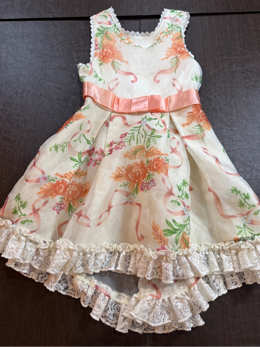 Girls Floral Organza Party Dress with Peach Ribbon